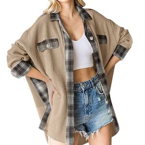 NWT SHEWIN Waffle Knit Plaid Boyfriend Button Down Shirt Hooded Shacket, Large